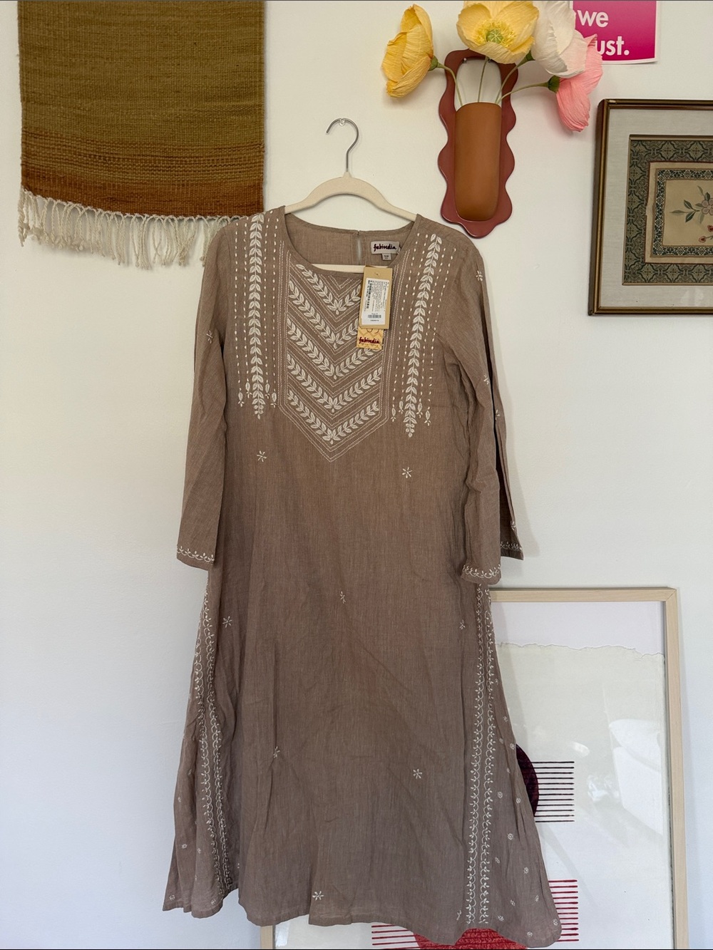 fabindia Taupe Embroidered Cotton Kurta